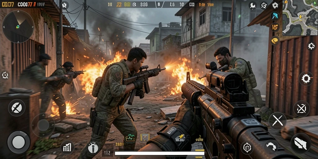 Tampilan gameplay COO77 yang menegangkan dalam pertempuran FPS.