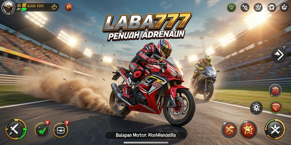 Tangkapan layar gameplay LABA777 menampilkan aksi balapan motor yang seru.
