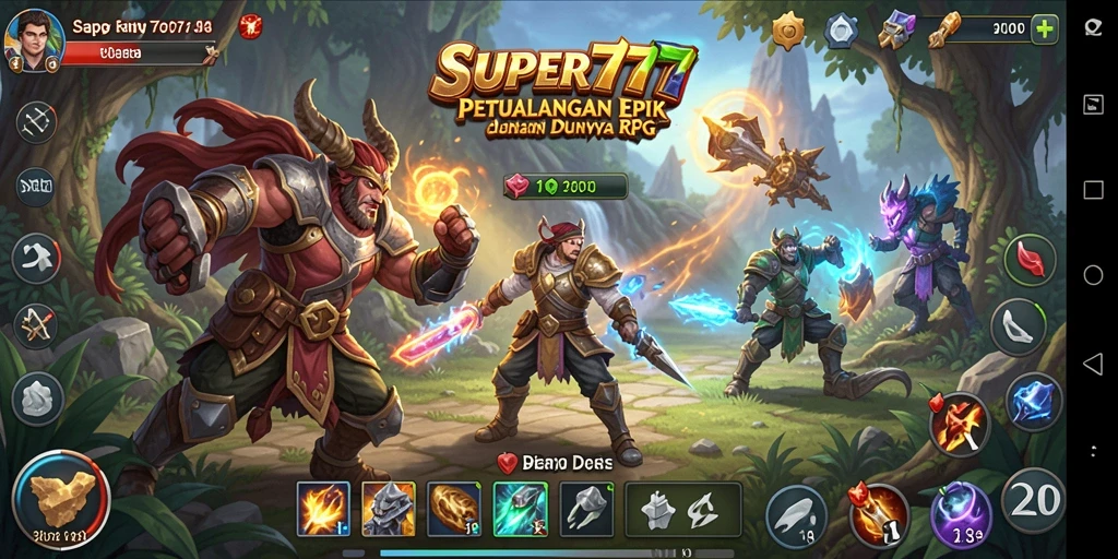 Screenshot utama menunjukkan karakter bertarung dalam pertempuran epik di dunia RPG.